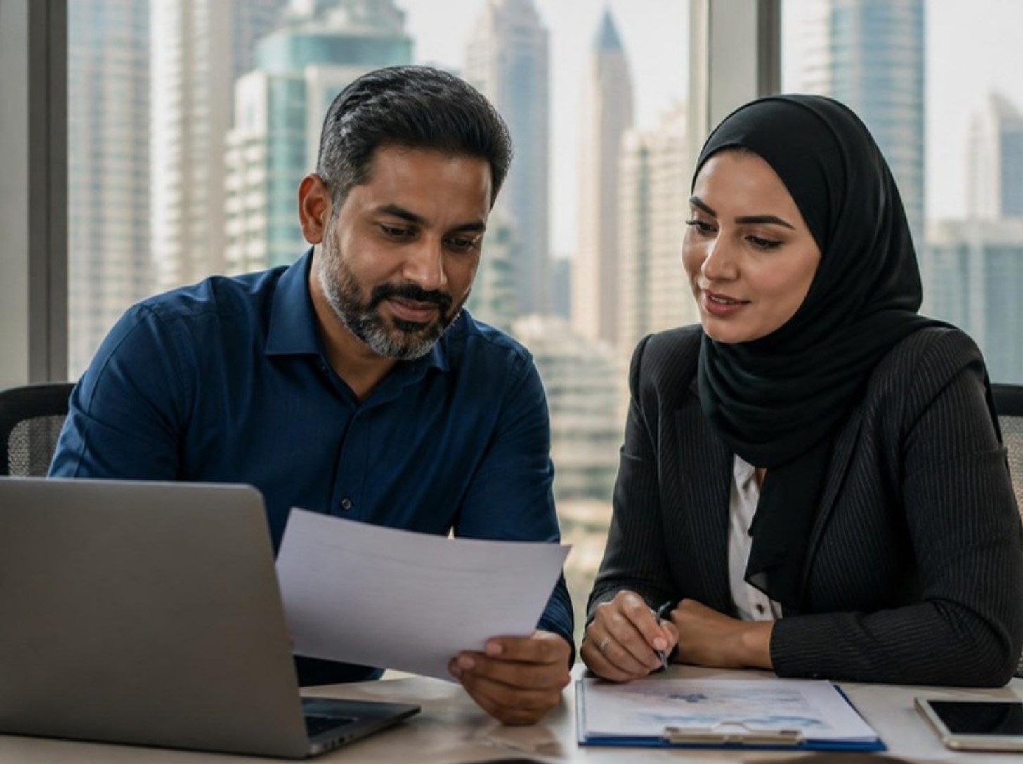 A business owner and an adviser reviewing VAT registration paperwork together in a Dubai office