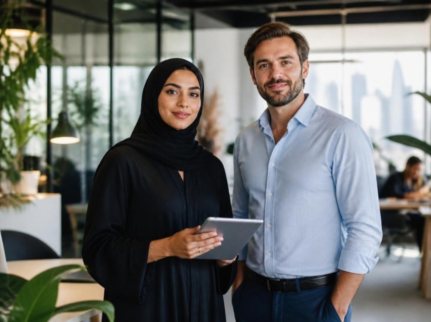 Two founders standing in a bright modern free zone office in the UAE, one holding a tablet