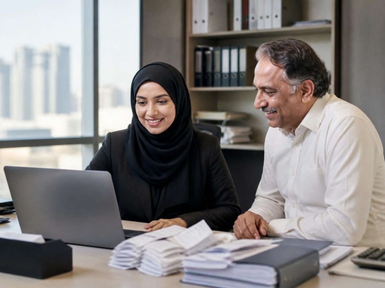 A bookkeeper in a hijab working at a laptop beside a smiling small business owner in a Dubai office