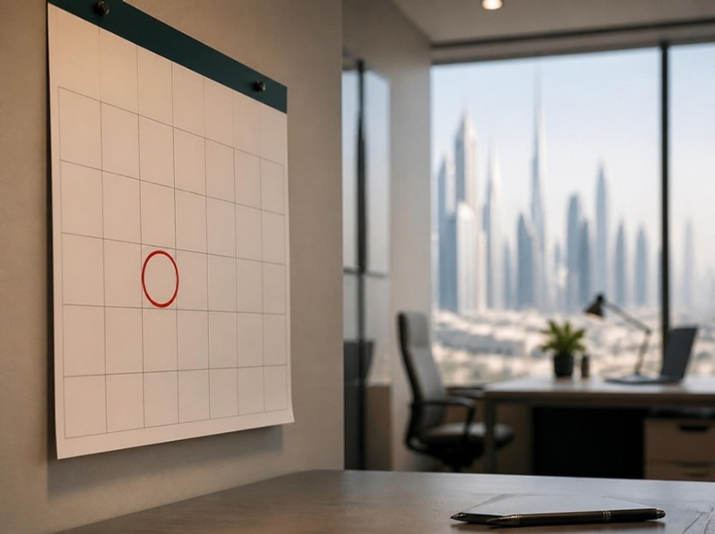 Wall calendar with one date circled in red in a Dubai office with the city skyline behind