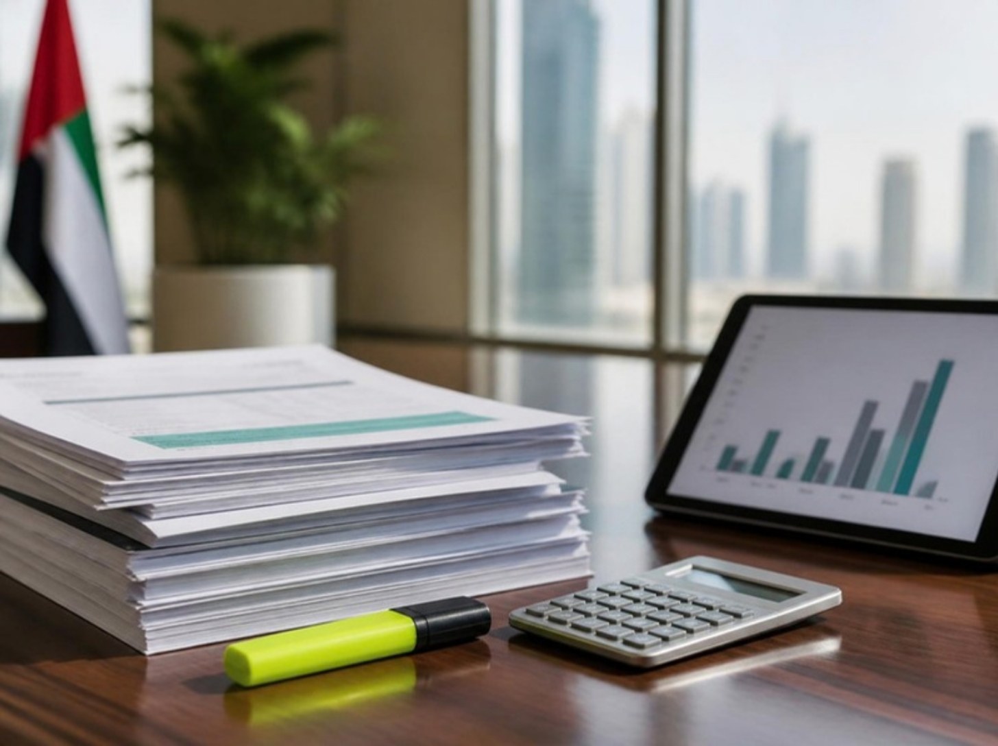 Stack of documents, a highlighter, a calculator and a tablet showing a chart on an office desk